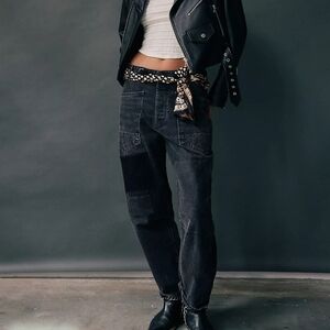 FREE PEOPLE WE THE FREE Moxie Low Slung Pull On Black Barrel Wide Leg Jeans 28